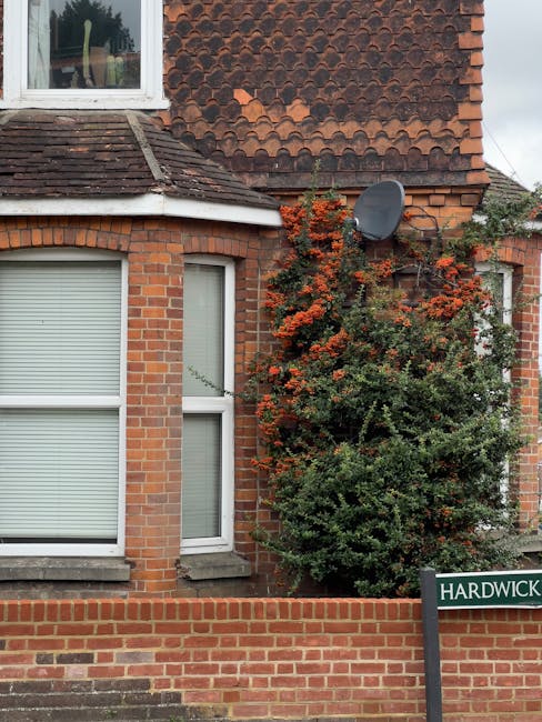 The image shows the exterior of a red brick residential building with a tiled roof and white-framed windows, some with closed white blinds. A lush, well-maintained shrub with dense green foliage and c
